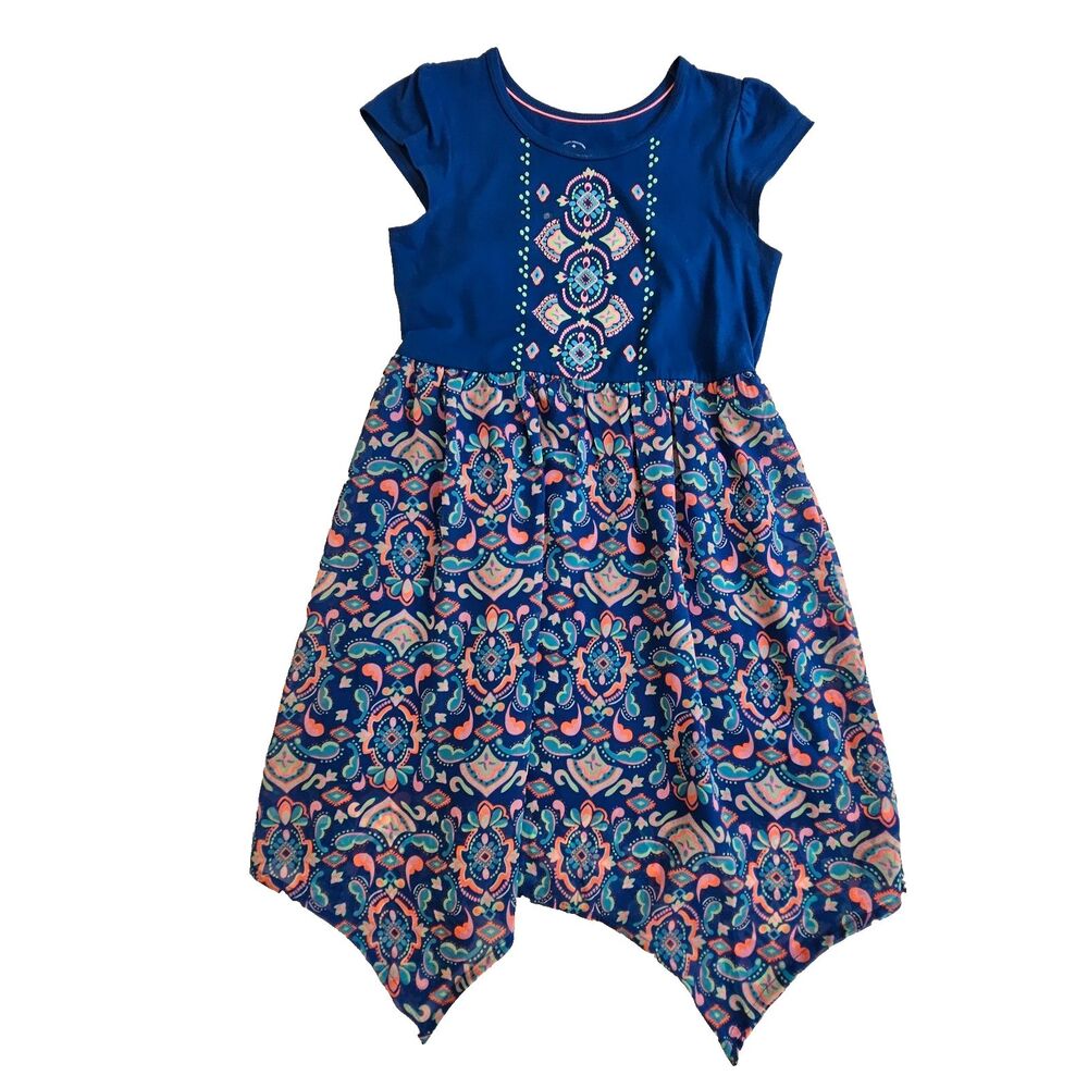 Faded Glory Dress Girls M 7-8 Blue Pink Floral Paisley Cap Sleeve Sharkbite Hem
